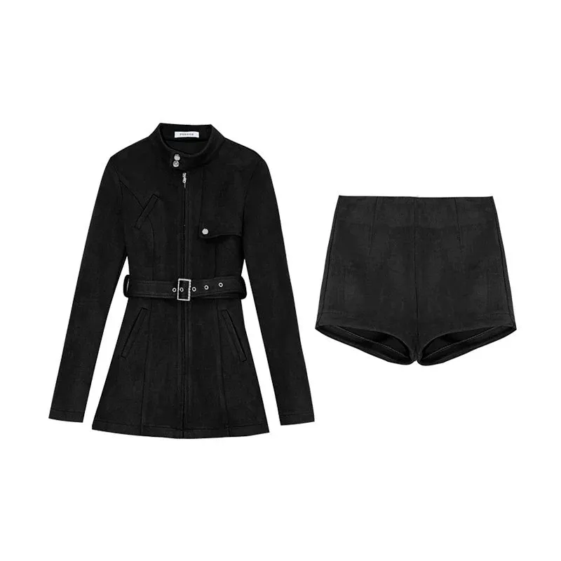 Luo Ge's Wool Roll New Autumn and Winter Stand Collar Suede Jacket Women's Long Sleeve Waist Slim Fit Hot Girl Suit Skirt