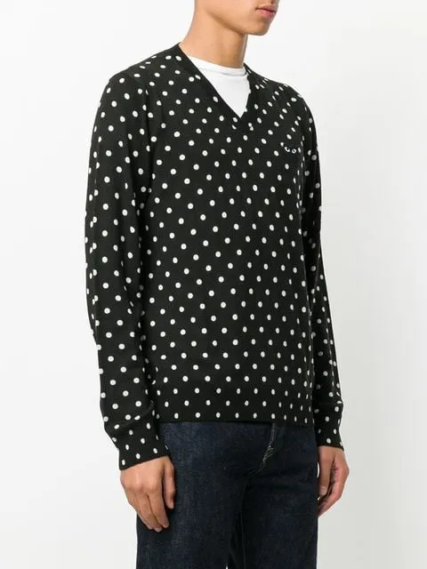 Mens V-Neck Pullover Polka Dot Black Heart - Black