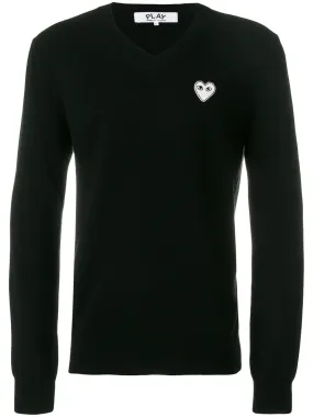 Mens V-Neck Pullover White Heart - Black