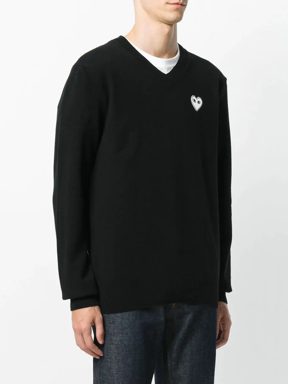 Mens V-Neck Pullover White Heart - Black