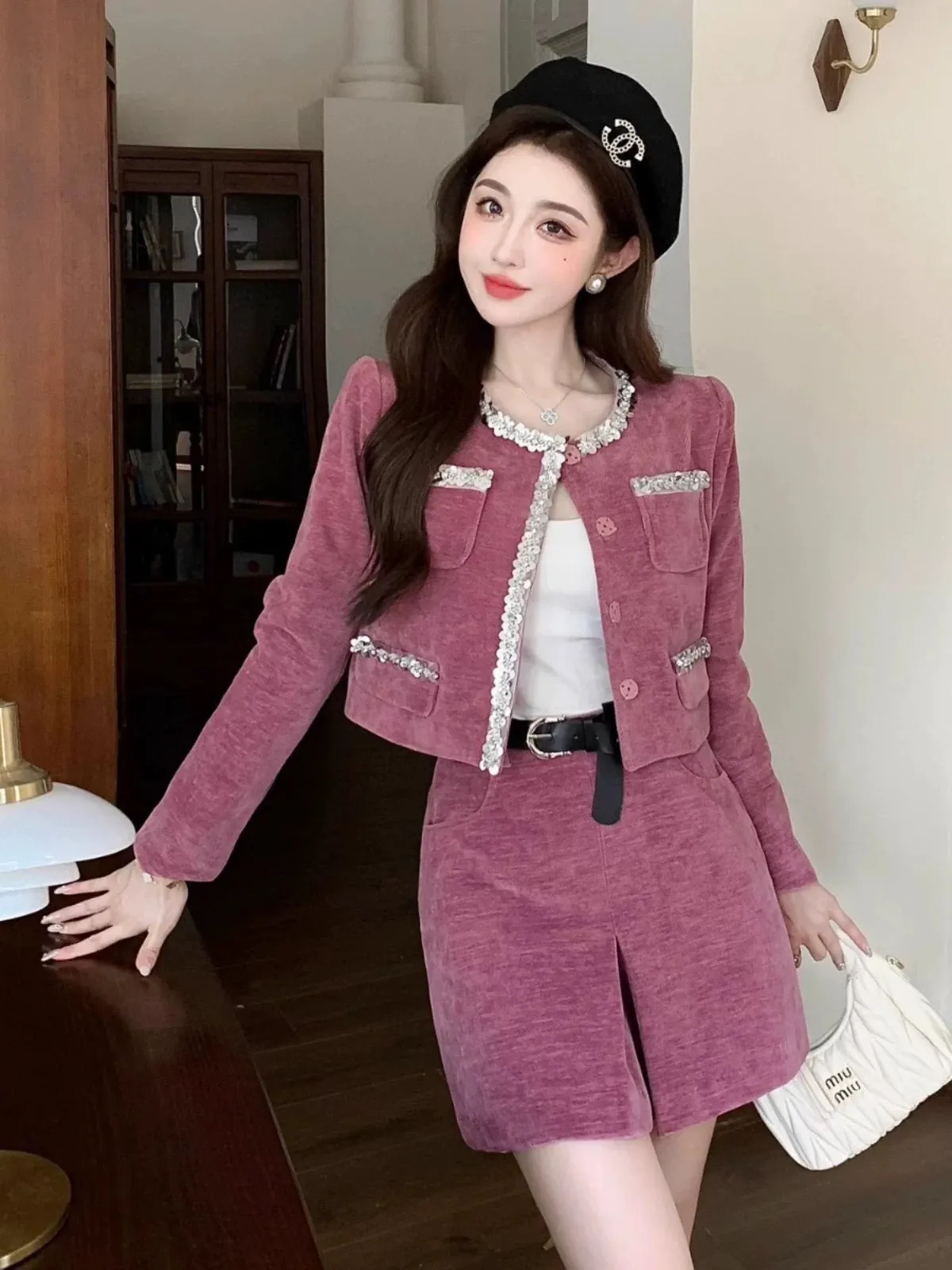 Nanyou light luxury niche designer style two-piece beaded short purple jacket and culottes suit with heroine temperament