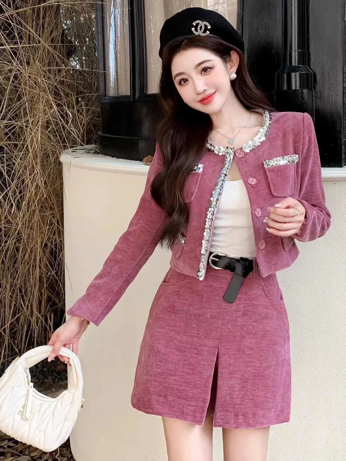 Nanyou light luxury niche designer style two-piece beaded short purple jacket and culottes suit with heroine temperament