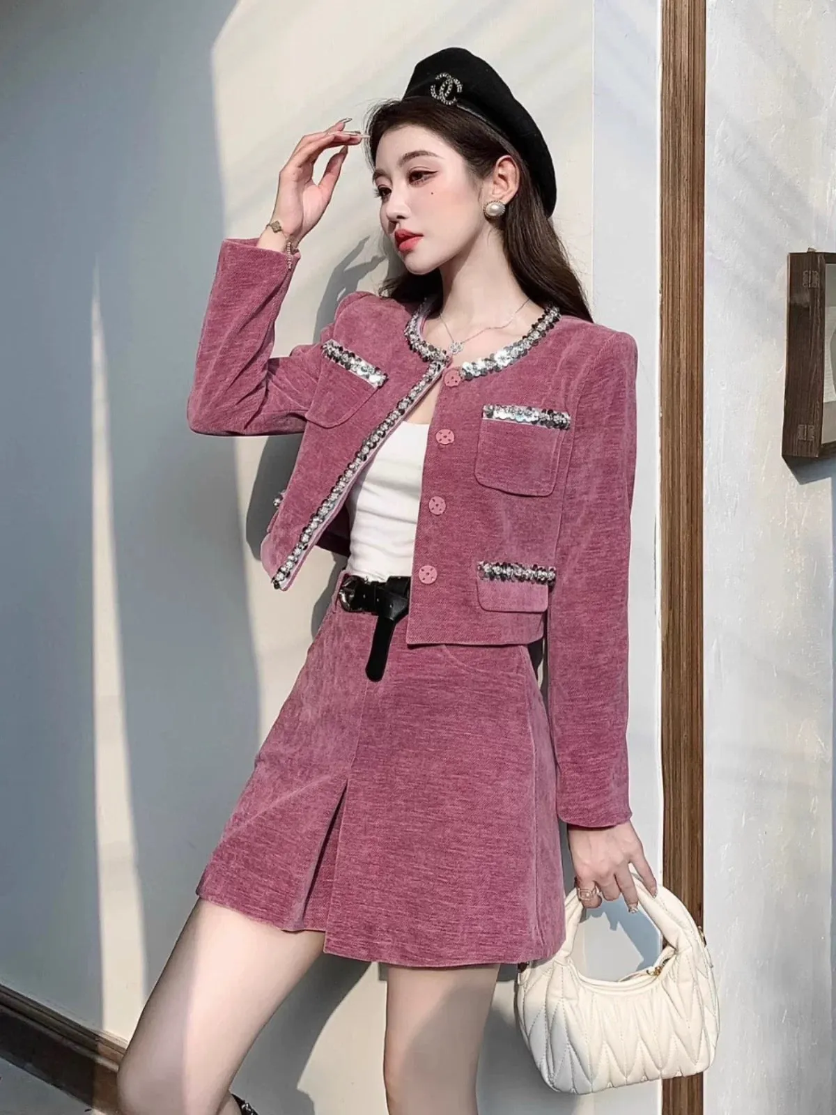 Nanyou light luxury niche designer style two-piece beaded short purple jacket and culottes suit with heroine temperament