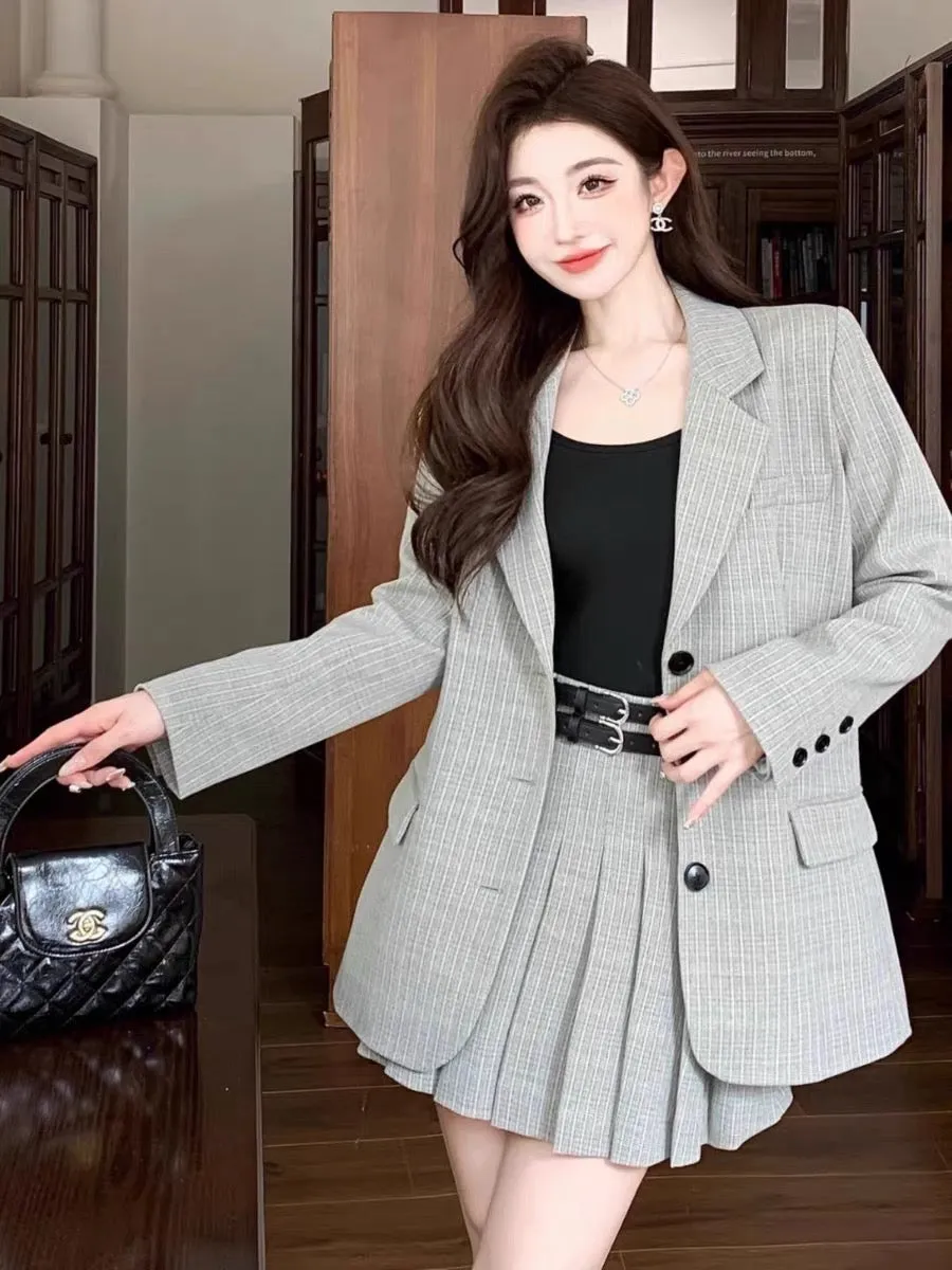 Nanyou niche designer British style striped silhouette casual suit jacket pleated skirt college suit autumn