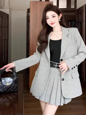 Nanyou niche designer British style striped silhouette casual suit jacket pleated skirt college suit autumn