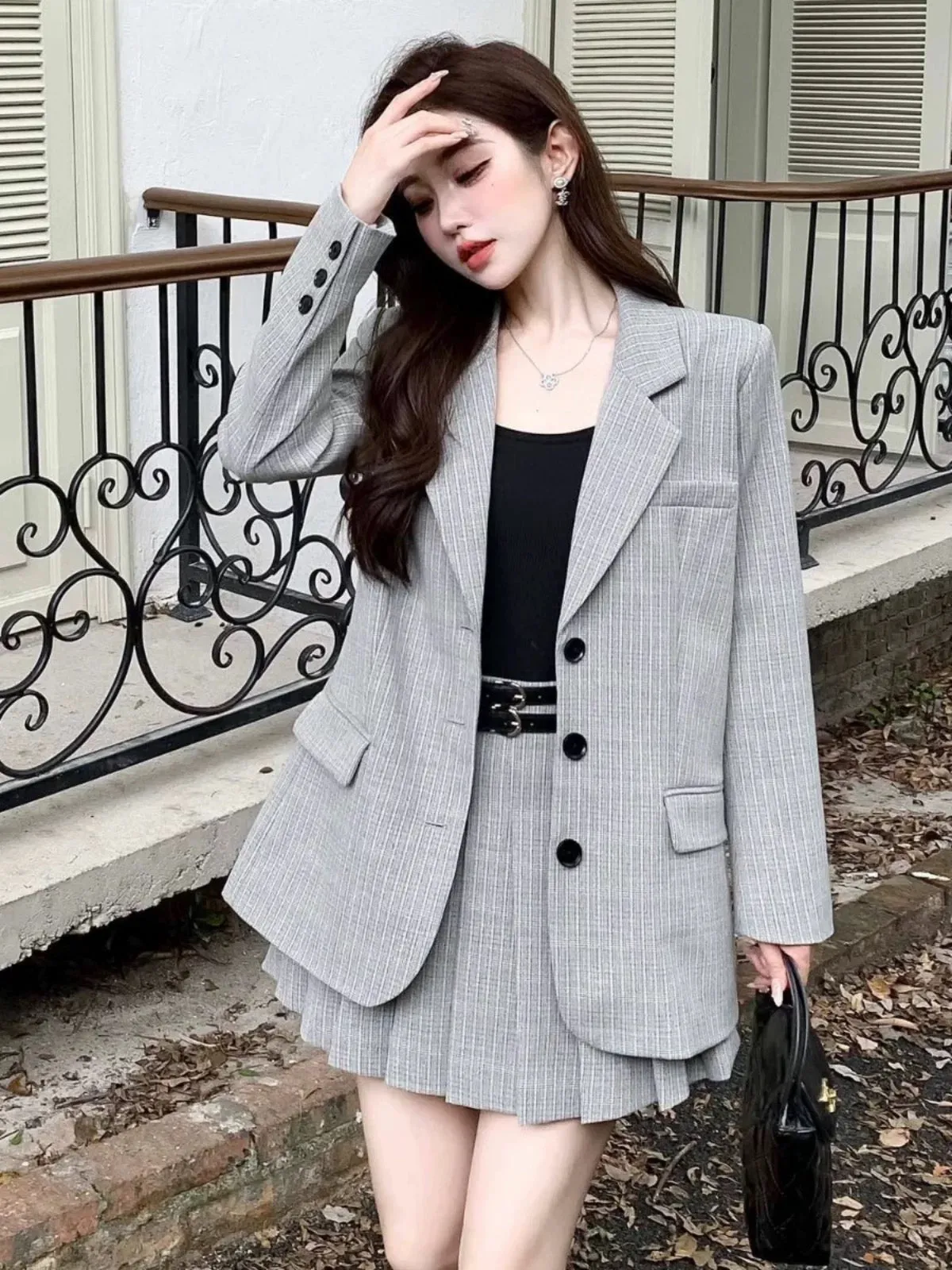 Nanyou niche designer British style striped silhouette casual suit jacket pleated skirt college suit autumn