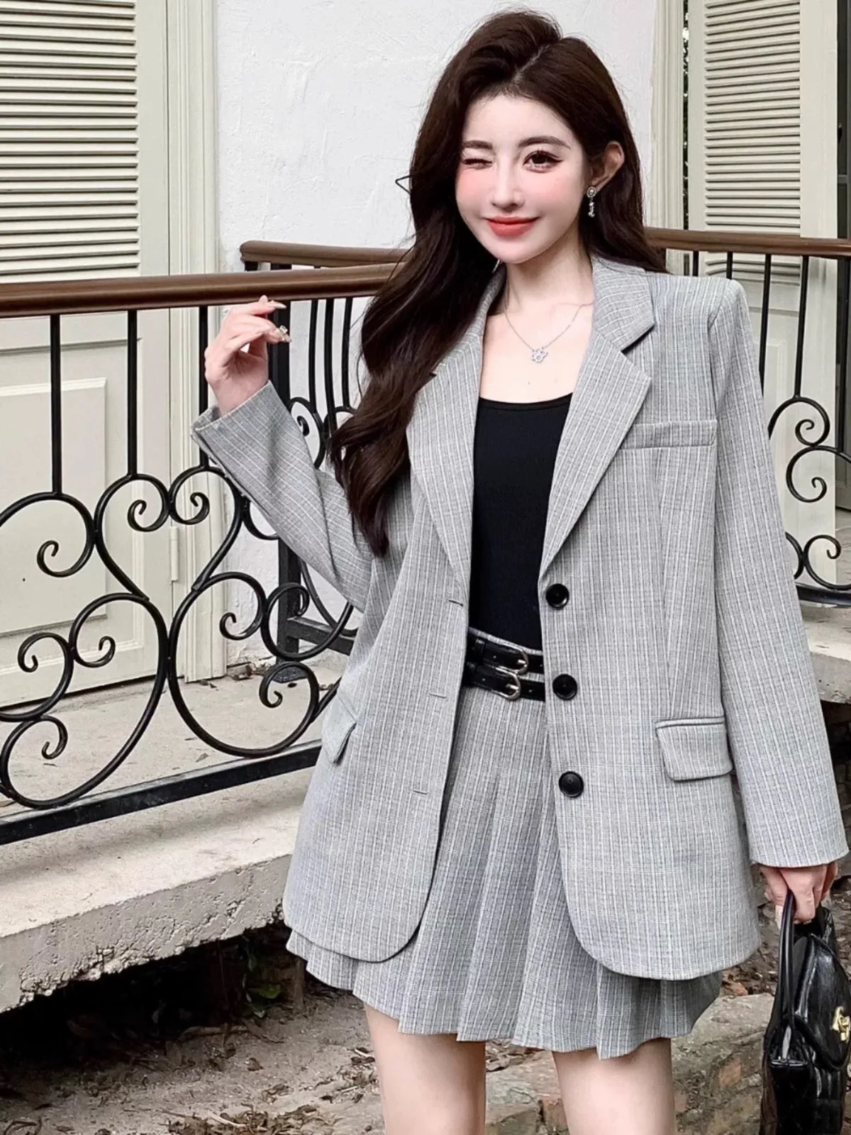 Nanyou niche designer British style striped silhouette casual suit jacket pleated skirt college suit autumn