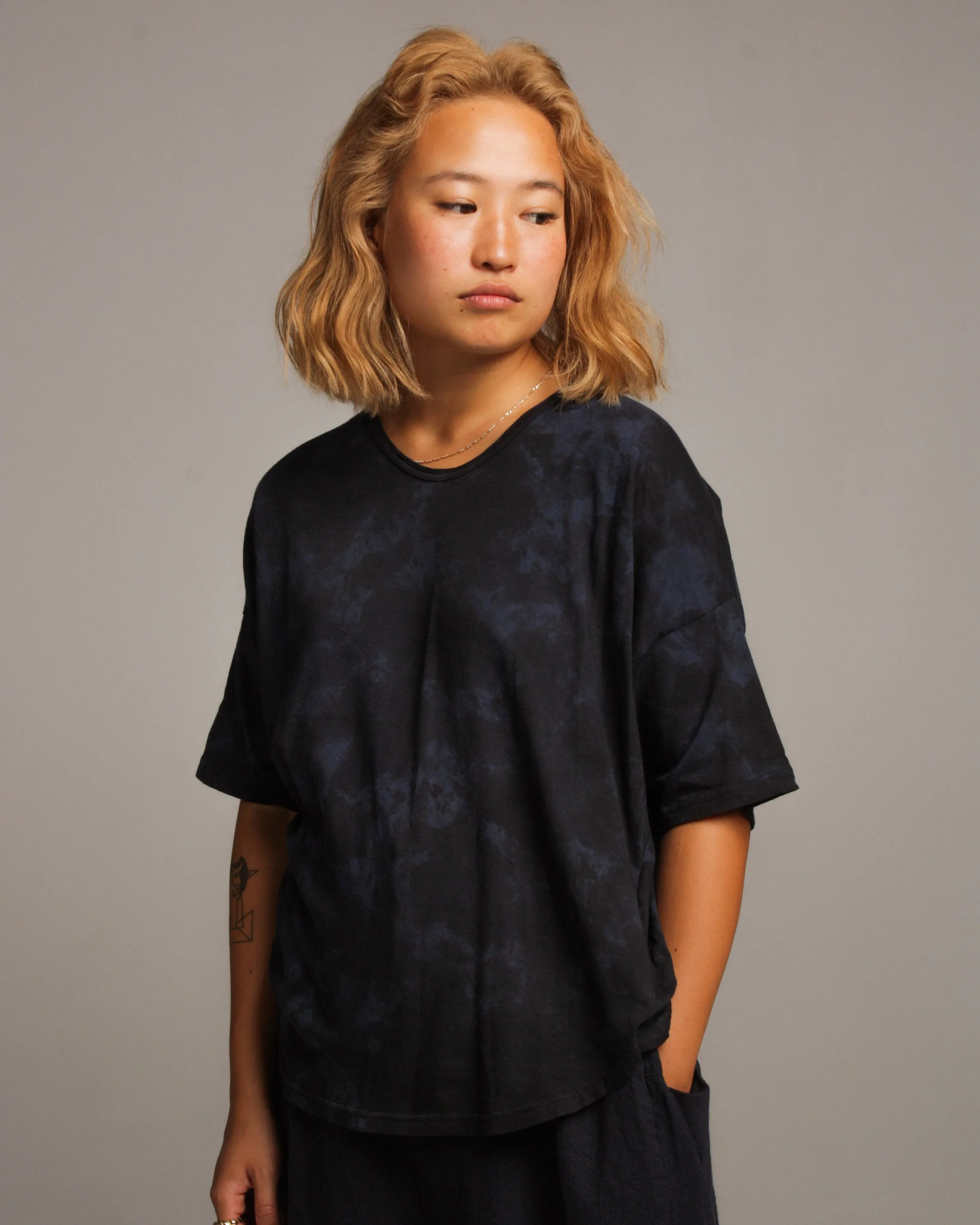 Navy Tie Dye Cotton Pullover Tee