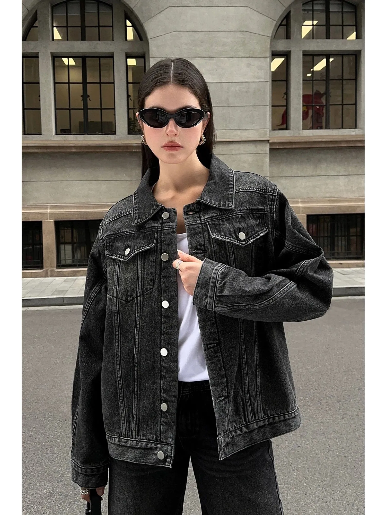 NEVA HU black short retro denim jacket for women 2024 new Korean style loose casual versatile jacket