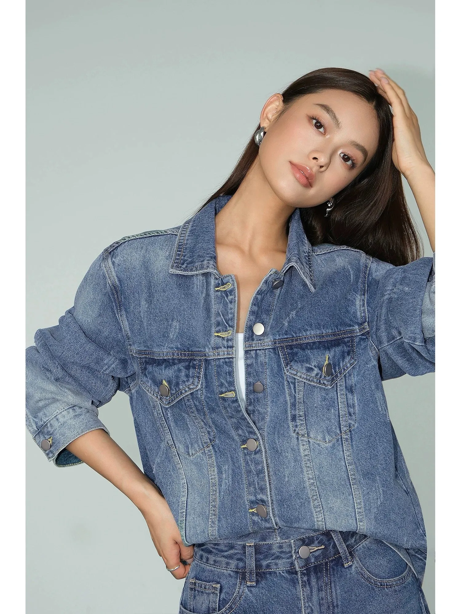 NEVA HU blue short denim jacket for women 2024 autumn new Korean style loose casual jacket top