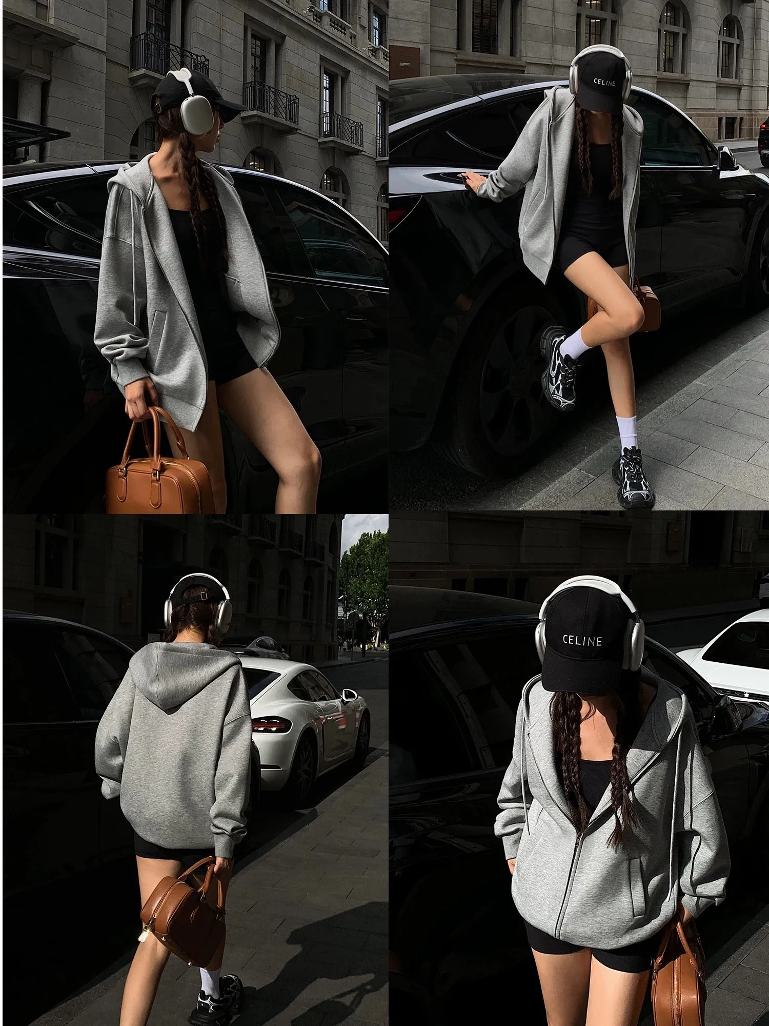 NEVA HU gray zipper hooded sweatshirt jacket for women 2024 autumn new loose Korean style lazy style top