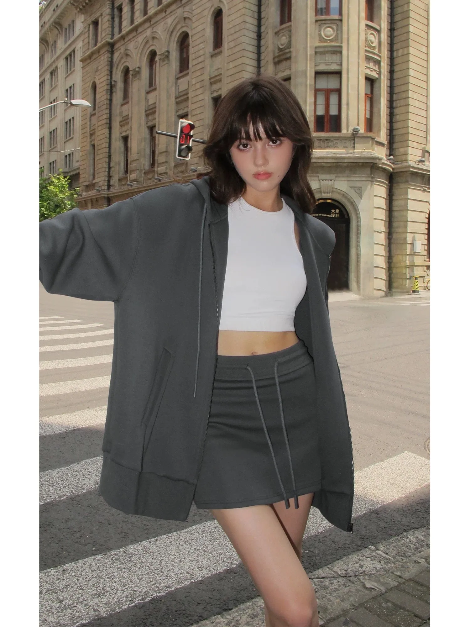 NEVA HU gray zipper hooded sweatshirt jacket for women 2024 autumn new loose Korean style lazy style top