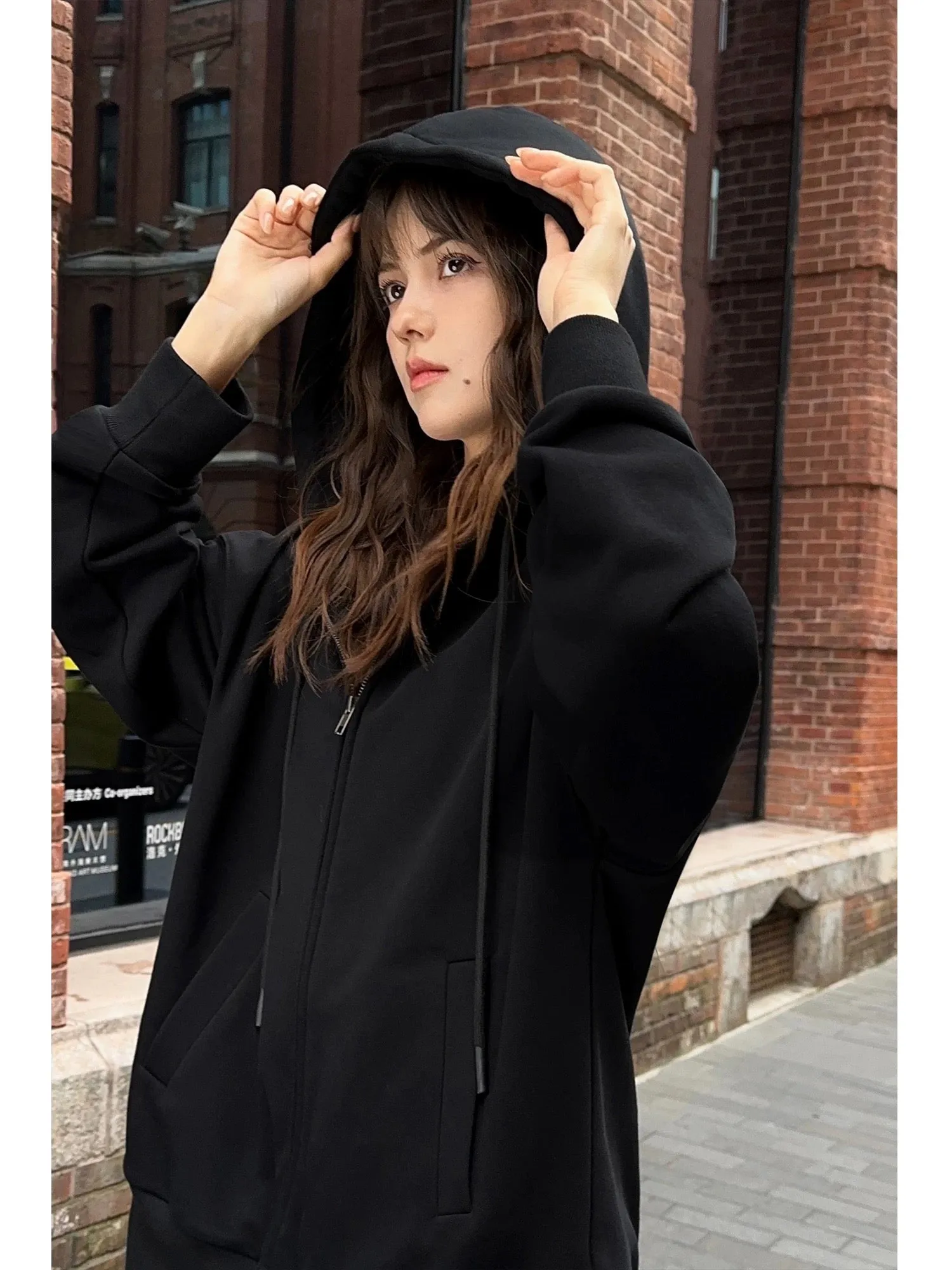 NEVA HU gray zipper hooded sweatshirt jacket for women 2024 autumn new loose Korean style lazy style top