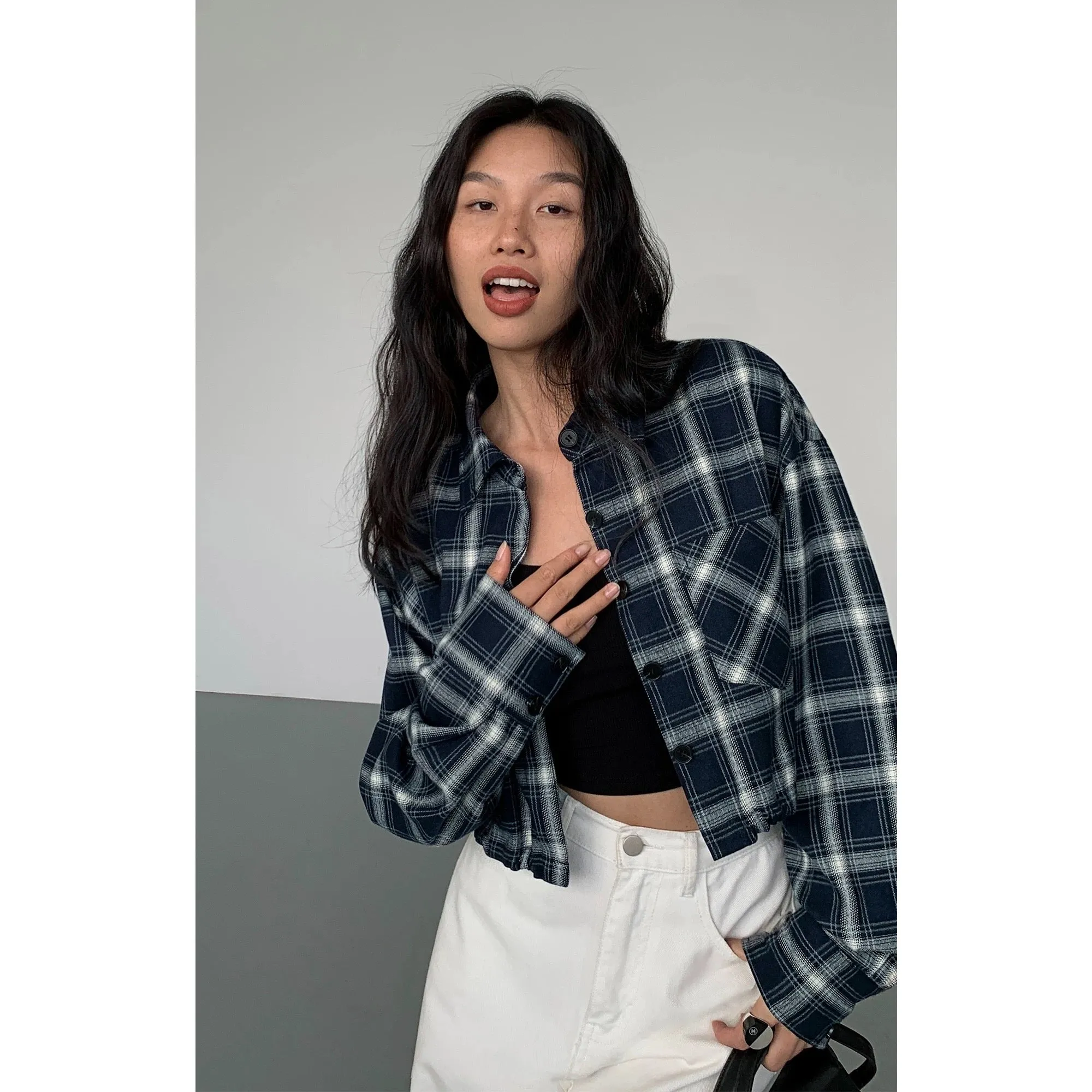 NEVA HU Plaid Long Sleeve Short Shirt Women's Design Niche 2024 New Loose Slim Shirt Jacket