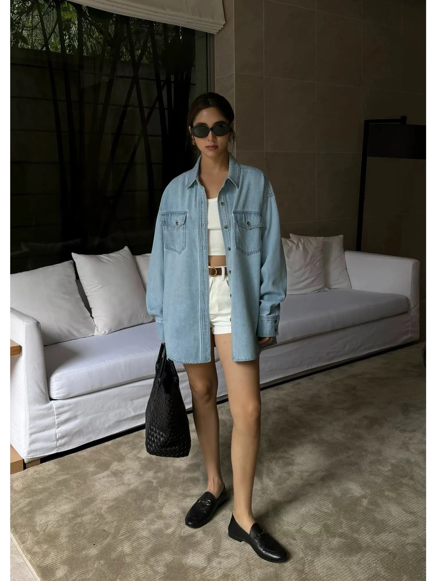 NEVA HU retro light blue denim shirt women's loose new casual design long-sleeved jacket top