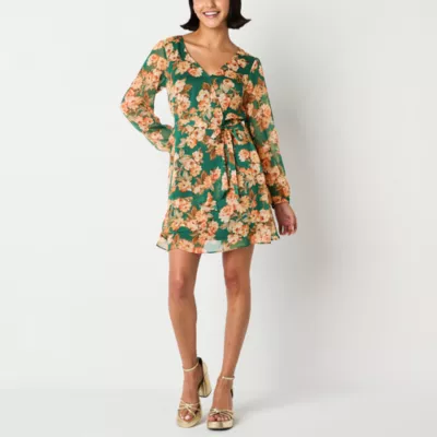 new!by&by Womens Juniors Long Sleeve Floral High-Low Wrap Dress