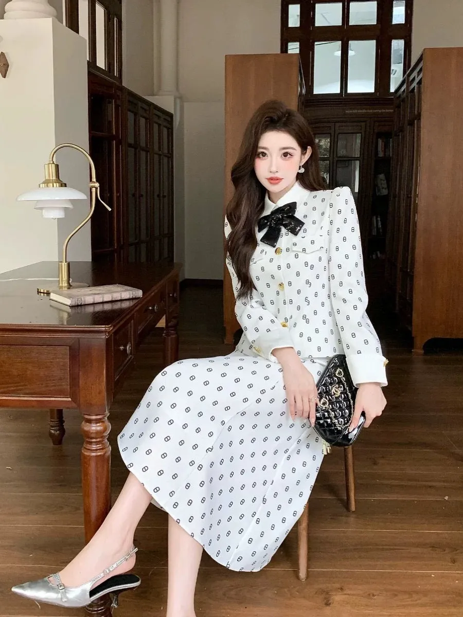 Niche designer neckline bow pig nose bolero jacket high waist mid-length skirt retro suit