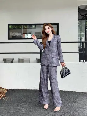 Noble and elegant temperament retro printed cupro suit jacket wide leg pants suit women's fashion professional two-piece set