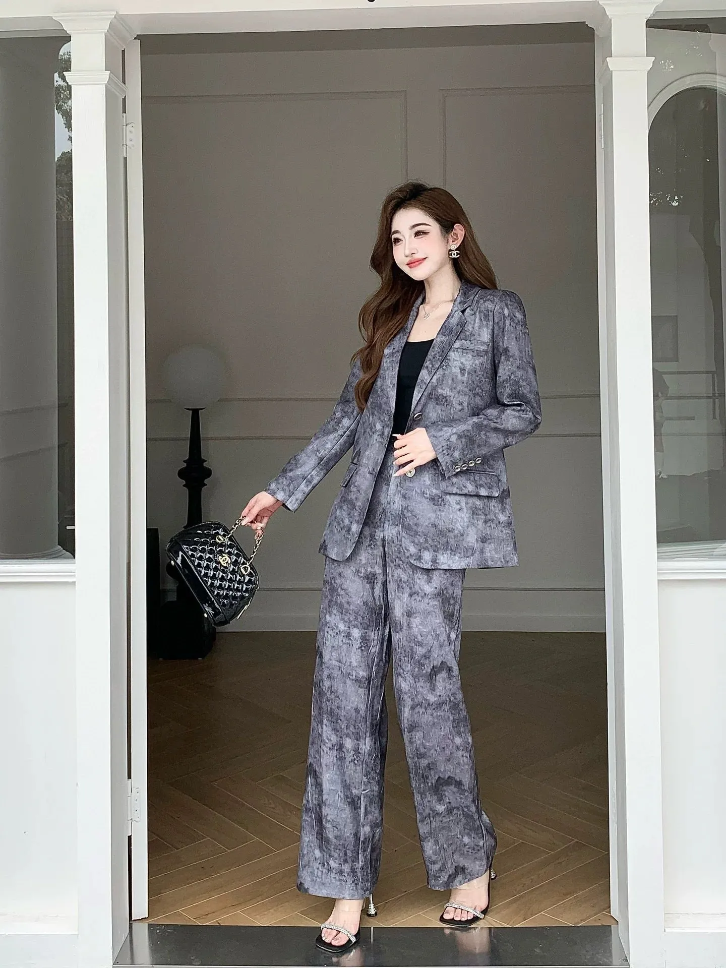 Noble and elegant temperament retro printed cupro suit jacket wide leg pants suit women's fashion professional two-piece set