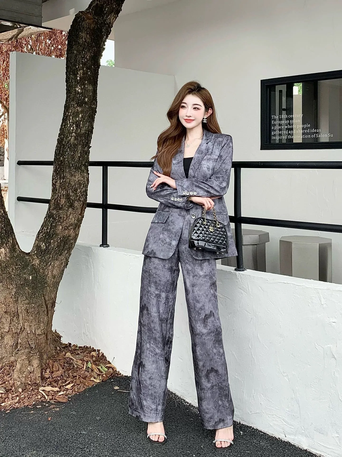 Noble and elegant temperament retro printed cupro suit jacket wide leg pants suit women's fashion professional two-piece set