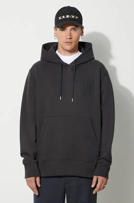 Norse Projects cotton sweatshirt Arne Relaxed Organic Brushed Fleece N Logo Hoodie men's black color N20-1354-9999