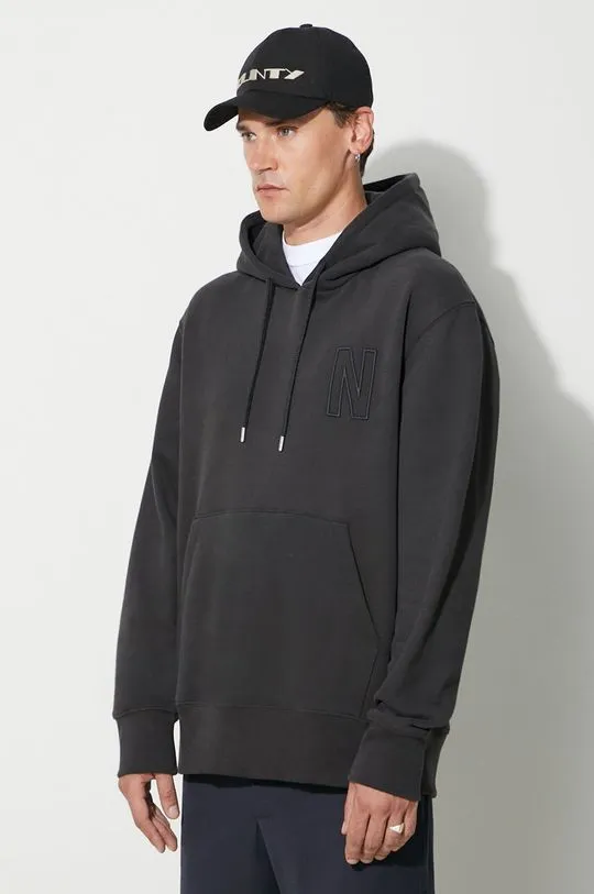 Norse Projects cotton sweatshirt Arne Relaxed Organic Brushed Fleece N Logo Hoodie men's black color N20-1354-9999