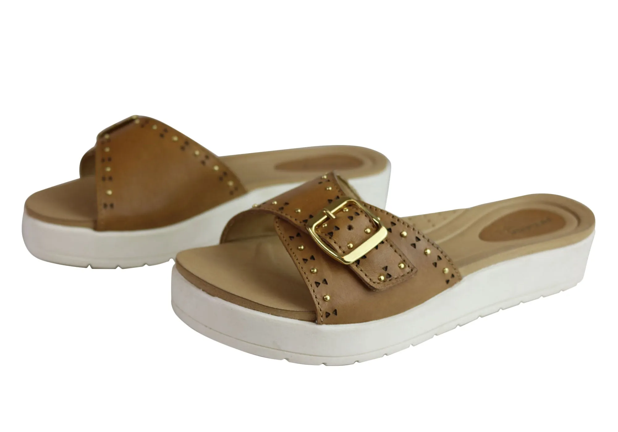 Pegada Lea Womens Cushioned Leather Sandals Slides Made In Brazil