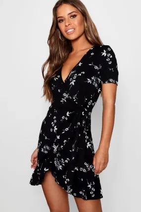 Petite Floral Wrap Frill Hem Dress