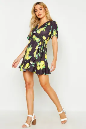 Petite Lemon Print Ruffle Wrap Tea Dress