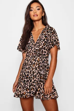 Petite Leopard Print Wrap & Ruffle Tea Dress