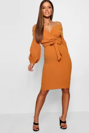 Petite Off The Shoulder Wrap Midi Dress