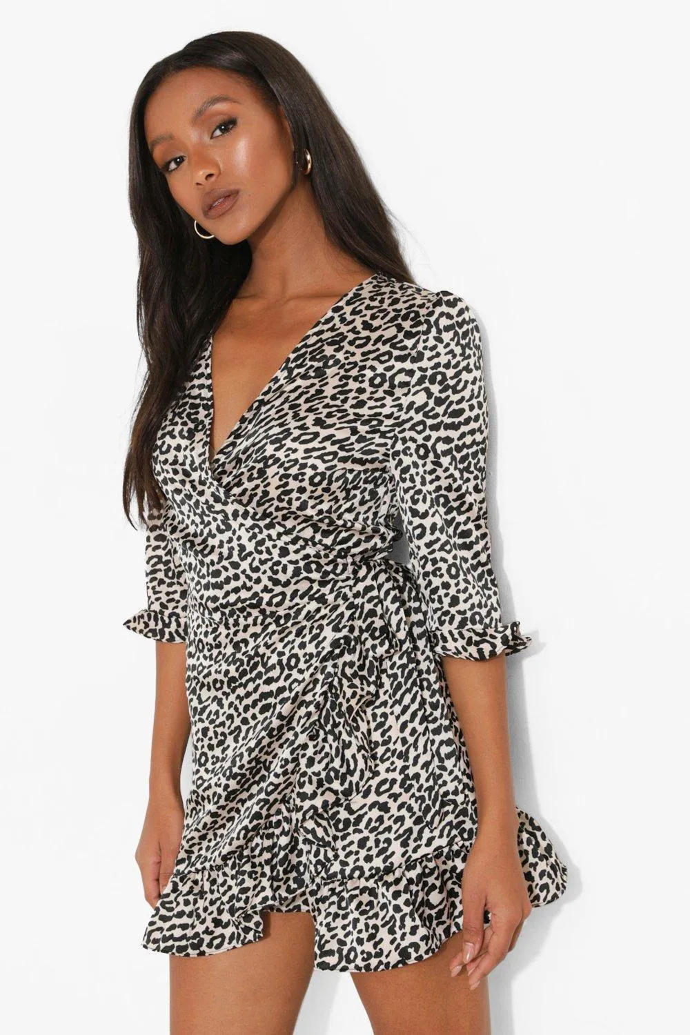 Petite Satin Leopard Print Ruffle Wrap Tea Dress