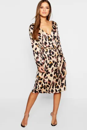 Petite Satin Wrap Tie Leopard Print Dress