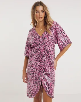 Pink Leopard Print Sequin Wrap Dress | Simply Be