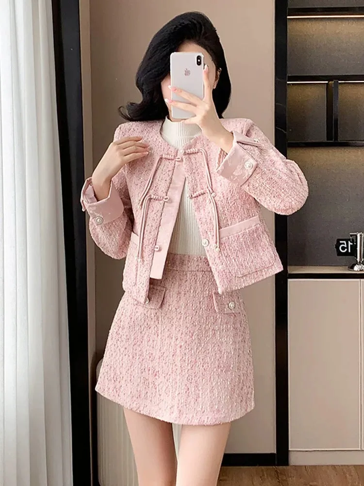 Pink small fragrance suit for women in early autumn, new Chinese style button top jacket, high-end light national style daily tw