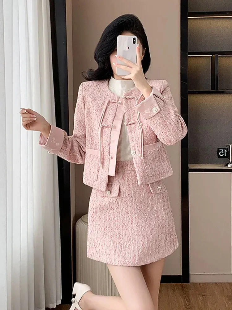 Pink small fragrance suit for women in early autumn, new Chinese style button top jacket, high-end light national style daily tw