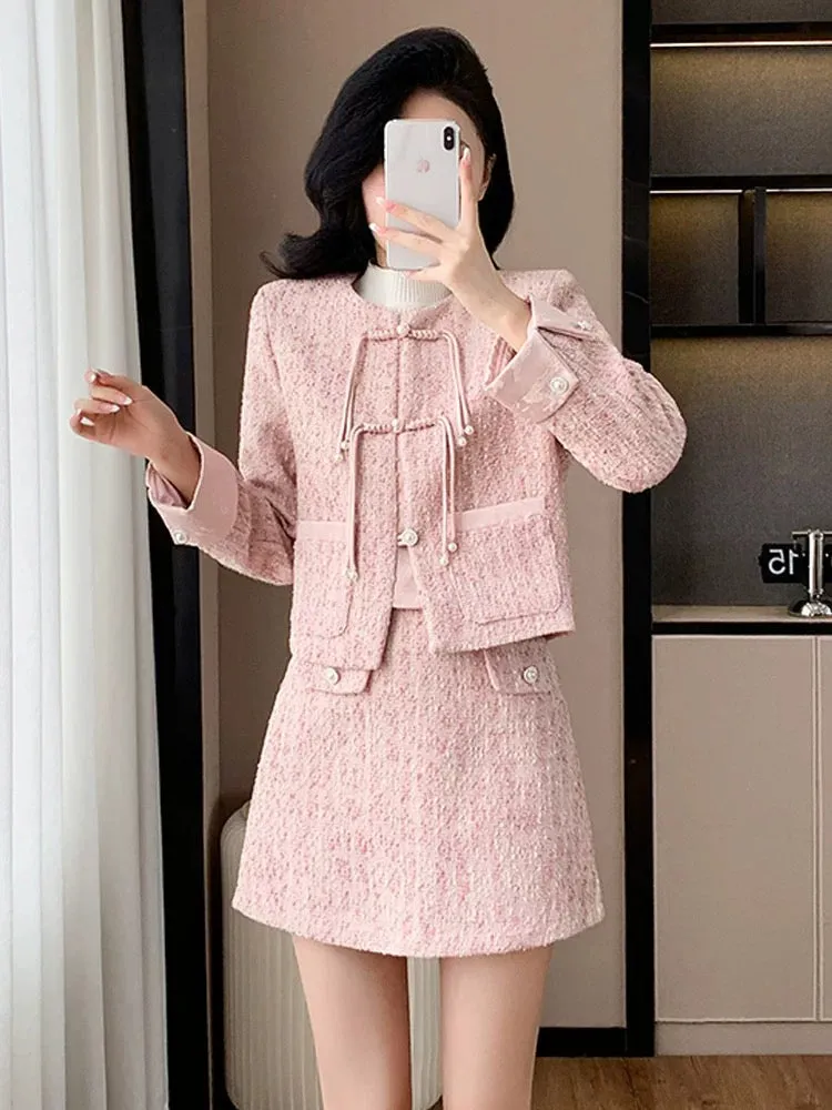 Pink small fragrance suit for women in early autumn, new Chinese style button top jacket, high-end light national style daily tw