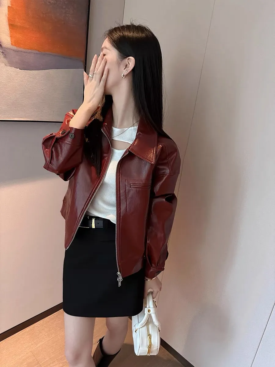 PINKEEN retro red lapel pu leather jacket for women autumn 2024 new Hong Kong style casual temperament jacket