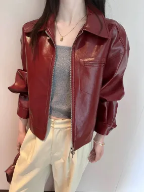 PINKEEN retro red lapel pu leather jacket for women autumn 2024 new Hong Kong style casual temperament jacket