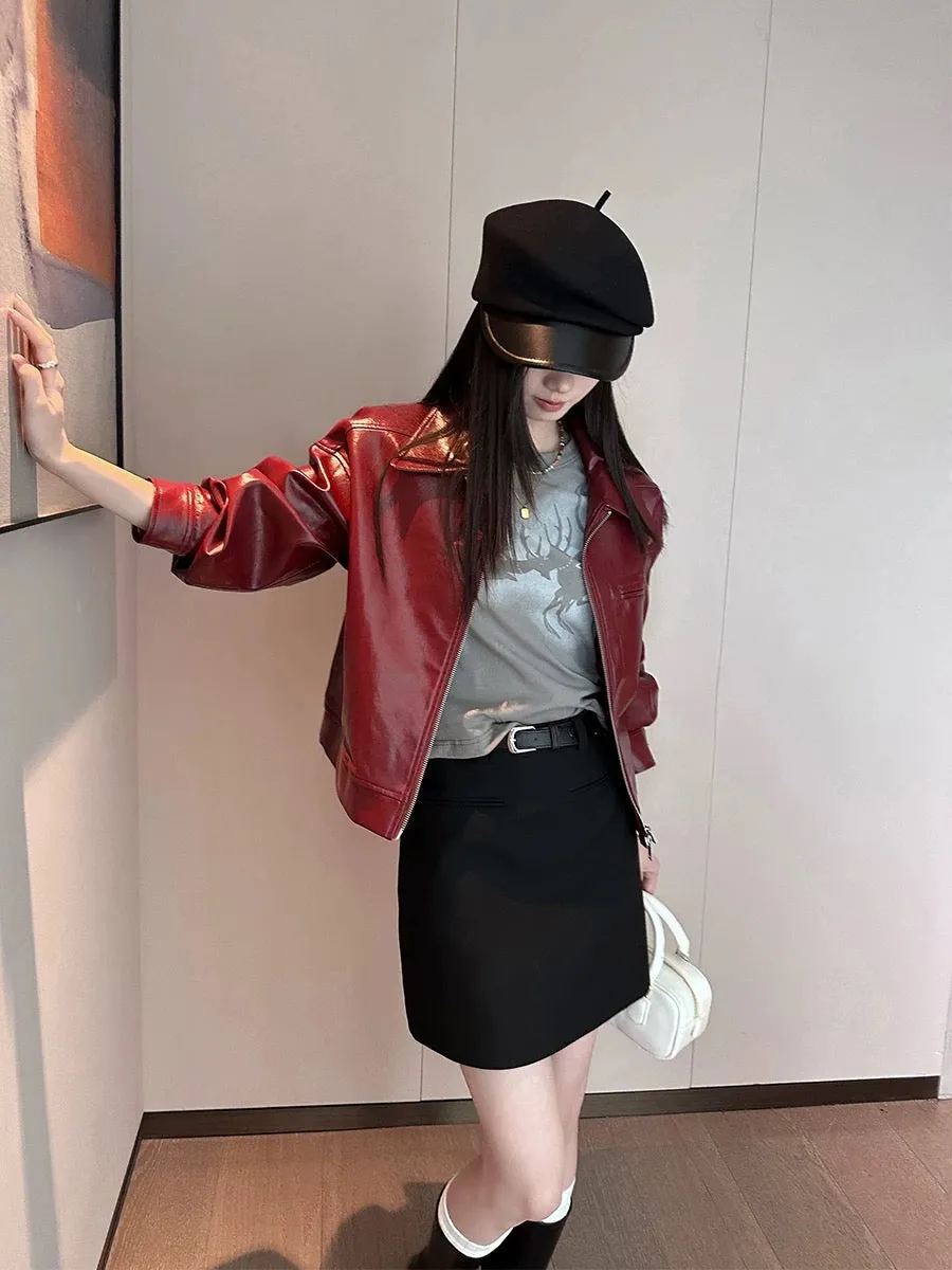 PINKEEN retro red lapel pu leather jacket for women autumn 2024 new Hong Kong style casual temperament jacket