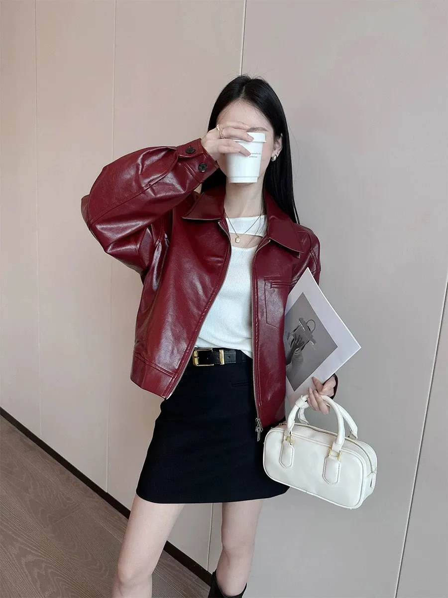 PINKEEN retro red lapel pu leather jacket for women autumn 2024 new Hong Kong style casual temperament jacket