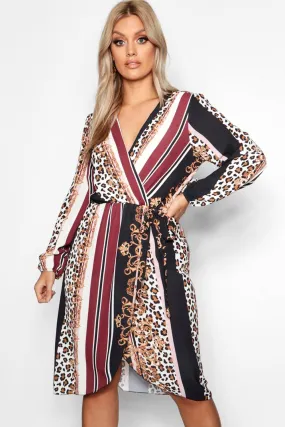 Plus Chain Mixed Print Wrap Midi Dress