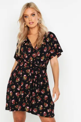 Plus Floral Tie Waist Wrap Tea Dress