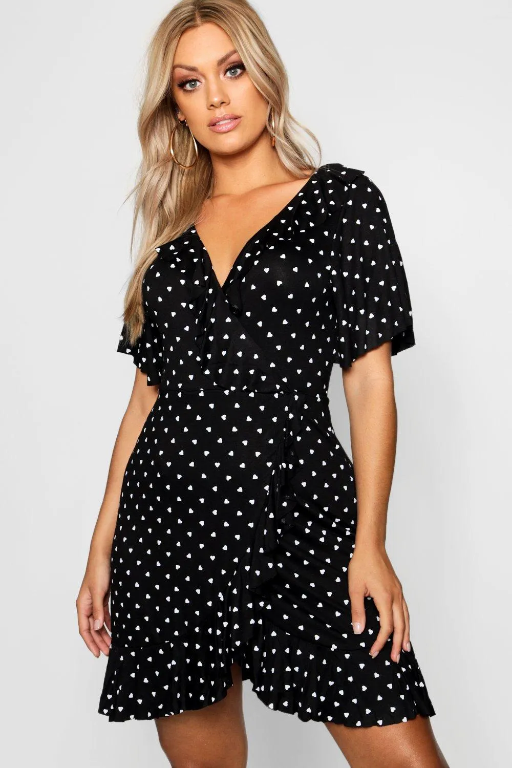 Plus Heart Printed Wrap Ruffle Dress