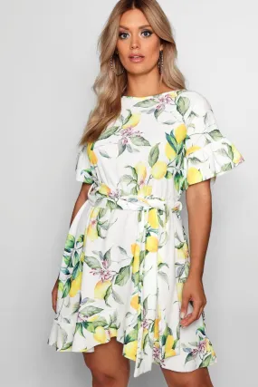 Plus Lemon Print Ruffle Wrap Dress