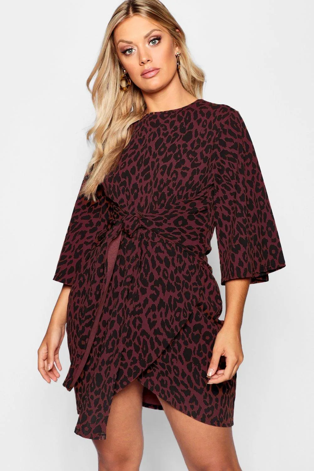 Plus Leopard Kimono Tie Waist Wrap Dress