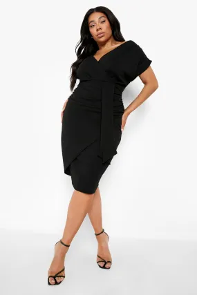 Plus Off The Shoulder Wrap Front Belted Midi Dress