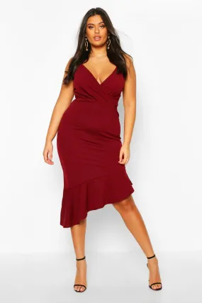 Plus Rib Ruffle Wrap Detail Midi Dress