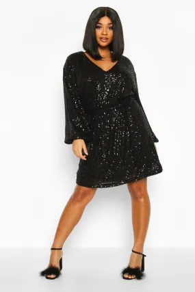 Plus Sequin Belted Blouson Sleeve Wrap Dress