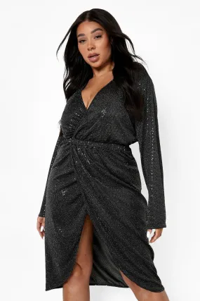 Plus Sequin Wrap Plunge Midi Dress